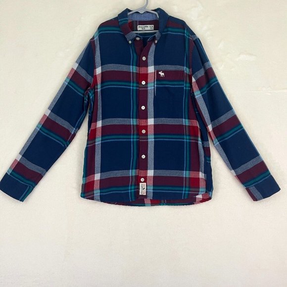 Abercrombie Kids Boys Flannel Shirt Size 13-14 Red Blue White Plaid Long Sleeve - Picture 1 of 15